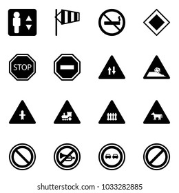 Solid vector icon set - elevator vector, side wind, no smoking sign, main road, stop, way, oncoming traffic, steep roadside, intersection, railway, cow, prohibition, horn, overtake, parking