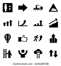 Solid vector icon set - elevator vector, right arrow, fork loader, climb road sign, arrows up, growth, air balloon, finger, career, opportunity, success, cloud ladder, down