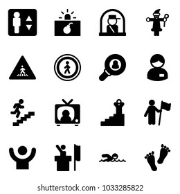 Solid vector icon set - elevator vector, terrorism, officer window, santa claus, pedestrian road sign, no, head hunter, manager, career, tv news, success, win, speaker, swimming, feet