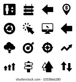 Solid vector icon set - elevator vector, sign post, left arrow, dollar pin, circle road, cursor, monitor, upload cloud, target, growth, arrows up, signpost, down
