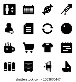 Solid vector icon set - elevator vector, schedule, candy, firework rocket, user login, document, refresh, record, hot tea, cart, t shirt, terms plan, battery, tool cabinet, allen key set