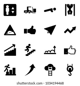 Solid vector icon set - elevator vector, fork loader, push ups, pull, climb road sign, like, paper plane, growth arrow, career, finger up, cloud ladder, winch
