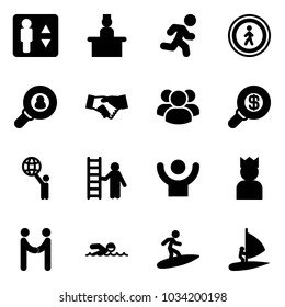 Solid vector icon set - elevator vector, recieptionist, run, no pedestrian road sign, head hunter, agreement, group, search money, world, opportunity, success, king, swimming, surfing, windsurfing