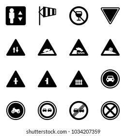 Solid vector icon set - elevator vector, side wind, no alcohol sign, giving way road, oncoming traffic, climb, embankment, steep roadside, intersection, railway, car, moto, overtake, end limit, stop