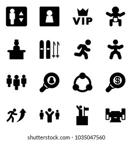 Solid vector icon set - elevator vector, female wc, vip, baby, recieptionist, ski, run, gymnastics, group, head hunter, community, search money, career, team leader, win, sharpening