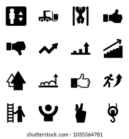 Solid vector icon set - elevator vector, fork loader, pull ups, like, dislike, growth arrow, up, finger, career, opportunity, success, victory, winch