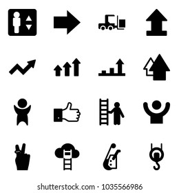 Solid vector icon set - elevator vector, right arrow, fork loader, uplooad, growth, arrows up, success, finger, opportunity, victory, cloud ladder, winch