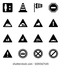 Solid vector icon set - elevator vector, road cone, side wind, no way sign, climb, embankment, tractor, traffic light, children, wild animals, artificial unevenness, attention, bus, stop, parking