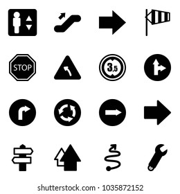 Solid vector icon set - elevator vector, escalator up, right arrow, side wind, stop road sign, turn left, limited height, only forward, circle, signpost, trip, wrench