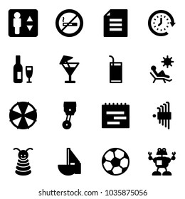 Solid vector icon set - elevator vector, no smoking sign, document, clock around, wine, drink, beach, parasol, piston, terms plan, allen key set, pyramid toy, sailboat, soccer ball, robot