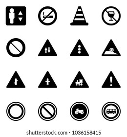 Solid vector icon set - elevator vector, no smoking sign, road cone, alcohol, prohibition, oncoming traffic, light, steep roadside, intersection, railway, attention, moto, bus