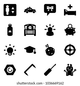 Solid vector icon set - elevator vector, safety car, bow message, hospital bed, milk, money chest, idea, piggy bank, bulb, graduate hat, moon flag, target, nut, staple, awl, robot