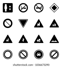 Solid vector icon set - elevator vector, no smoking sign, main road, prohibition, giving way, abrupt turn right, children, wild animals, intersection, railway, rough, car, parking