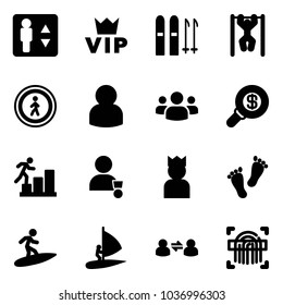 Solid vector icon set - elevator vector, vip, ski, pull ups, no pedestrian road sign, user, group, search money, career, winner, king, feet, surfing, windsurfing, information exchange