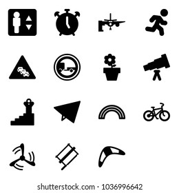 Solid vector icon set - elevator vector, alarm clock, boarding passengers, run, multi lane traffic road sign, no trailer, flower pot, telescope, success, paper fly, rainbow, bike, wind mill, bucksaw