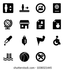 Solid vector icon set - elevator vector, travolator, no computer sign, passport, globe, duty free, patient card, diet list, pipette, drop counter, power hand, disabled, pool, basketball ball