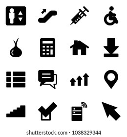 Solid vector icon set - elevator vector, escalator up, syringe, disabled, onion, calculator, home, download, menu, chat, arrows, map pin, stairs, check, server wireless, cursor