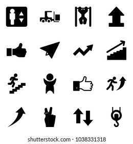 Solid Vector Icon Set - Elevator Vector, Fork Loader, Pull Ups, Uplooad, Like, Paper Plane, Growth Arrow, Career, Success, Finger Up, Victory, Down Arrows, Winch