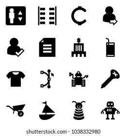 Solid vector icon set - elevator vector, plane seats, cent, user login, check, document, bank building, drink, t shirt, bezier, robot, screw, wheelbarrow, sailboat toy, pyramid
