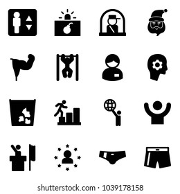 Solid vector icon set - elevator vector, terrorism, officer window, santa claus, power hand, pull ups, manager, brain work, garbage, career, world, success, speaker, star man, swimsuit