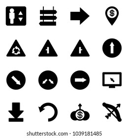 Solid vector icon set - elevator vector, sign post, right arrow, dollar pin, round motion road, intersection, only forward, detour, monitor cursor, download, undo, growth, bow