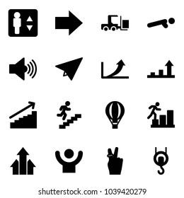 Solid vector icon set - elevator vector, right arrow, fork loader, push ups, volume max, paper plane, growth, career, air balloon, arrows up, success, victory, winch
