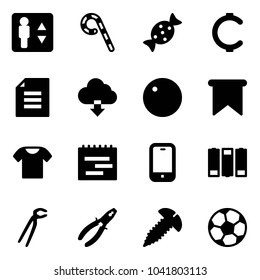 Solid vector icon set - elevator vector, lollipop, candy, cent, document, download cloud, record, flag, t shirt, terms plan, mobile phone, battery, plumber, pliers, screw, soccer ball