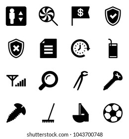 Solid vector icon set - elevator vector, lollipop, dollar flag, shield check, cross, document, clock around, drink, fine signal, magnifier, plumber, screw, rake, sailboat toy, soccer ball