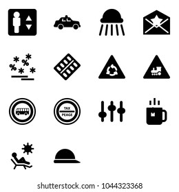Solid vector icon set - elevator vector, safety car, shower, star letter, christmas sale, pills blister, round motion road sign, railway intersection, no bus, tax peage, settings, green tea, beach