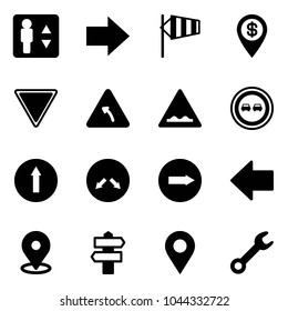 Solid Vector Icon Set - Elevator Vector, Right Arrow, Side Wind, Dollar Pin, Giving Way Road Sign, Turn Left, Rough, No Overtake, Only Forward, Detour, Map, Signpost, Navigation, Wrench