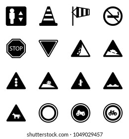 Solid vector icon set - elevator vector, road cone, side wind, no smoking sign, stop, giving way, landslide, steep descent, traffic light, roadside, intersection, rough, cow, prohibition, moto, bike