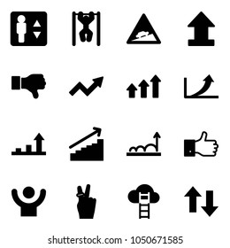 Solid Vector Icon Set - Elevator Vector, Pull Ups, Climb Road Sign, Uplooad, Dislike, Growth Arrow, Arrows Up, Finger, Success, Victory, Cloud Ladder, Down