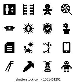 Solid vector icon set - elevator vector, plane seats, cake man, lollipop, candy, dollar sun, shield check, flower pot, document, beach, bezier, mobile phone, plumber, screw, pyramid toy, robot