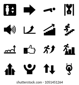 Solid vector icon set - elevator vector, right arrow, push ups, pull, volume max, growth, career, finger up, arrows, success, down, winch