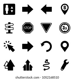 Solid vector icon set - elevator vector, right arrow, left, dollar pin, road signpost sign, stop, giving way, limited height, cursor, undo, map, up, arrows, trip, wrench