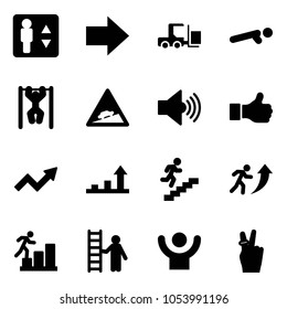 Solid vector icon set - elevator vector, right arrow, fork loader, push ups, pull, climb road sign, volume max, like, growth, career, opportunity, success, victory