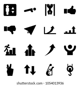 Solid vector icon set - elevator vector, push ups, pull, like, dislike, paper plane, growth arrow, career, arrows up, success, victory, down, winch