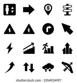 Solid vector icon set - elevator vector, right arrow, dollar pin, road signpost sign, intersection, only, cursor, lightning, growth, career, arrows up, down, cloud exchange data, bow