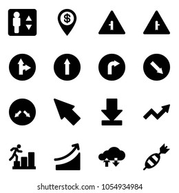Solid vector icon set - elevator vector, dollar pin, intersection road sign, only forward right, detour, cursor, download, growth arrow, career, rise, cloud exchange data, dart