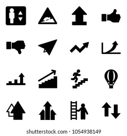 Solid vector icon set - elevator vector, climb road sign, upload, like, dislike, paper plane, growth arrow, career, air balloon, up, arrows, opportunity, down
