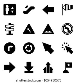 Solid vector icon set - elevator vector, escalator up, left arrow, side wind, road signpost sign, turn, rough, no, only right, circle, cursor, download, arrows, flag