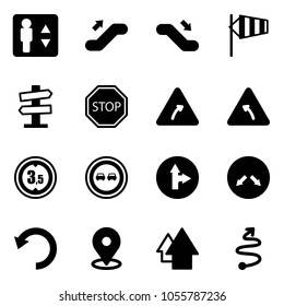 Solid vector icon set - elevator vector, escalator up, down, side wind, road signpost sign, stop, turn right, left, limited height, no overtake, only forward, detour, undo, map pin, arrow, trip
