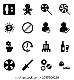 Solid vector icon set - elevator vector, cake man, lollipop, dollar sun, no limit road sign, user login, check, flower pot, clock around, bank building, wine, parasol, clinch, rivet