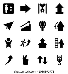 Solid vector icon set - elevator vector, right arrow, pull ups, upload, paper plane, growth, air balloon, up, success, career, arrows, opportunity, victory, down, winch