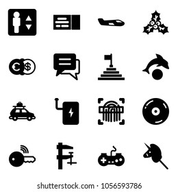Solid vector icon set - elevator vector, ticket, small plane, holly, euro dollar, chat, pyramid flag, dolphin, car baggage, power bank, fingerprint scanner, cd, wireless key, clamp, gamepad