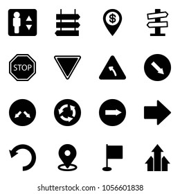 Solid Vector Icon Set - Elevator Vector, Sign Post, Dollar Pin, Road Signpost, Stop, Giving Way, Turn Left, Detour, Circle, Only Right, Arrow, Undo, Map, Flag, Arrows Up