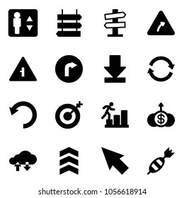 Solid vector icon set - elevator vector, sign post, road signpost, turn right, intersection, only, download, refresh, undo, target, career, dollar growth, cloud exchange data, chevron, cursor, dart