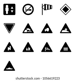Solid vector icon set - elevator vector, no smoking sign, side wind, main road, giving way, embankment, tractor, steep roadside, abrupt turn right, children, railway intersection