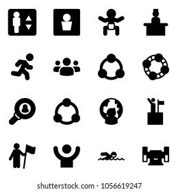 Solid vector icon set - elevator vector, male wc, baby, receptionist, run, group, social, friends, head hunter, community, man globe, win, success, swimming, sharpening