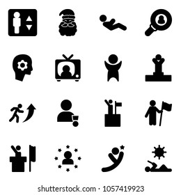 Solid vector icon set - elevator vector, santa claus, abdominal muscles, head hunter, brain work, tv news, success, winner, career, win, speaker, star man, flying, reading